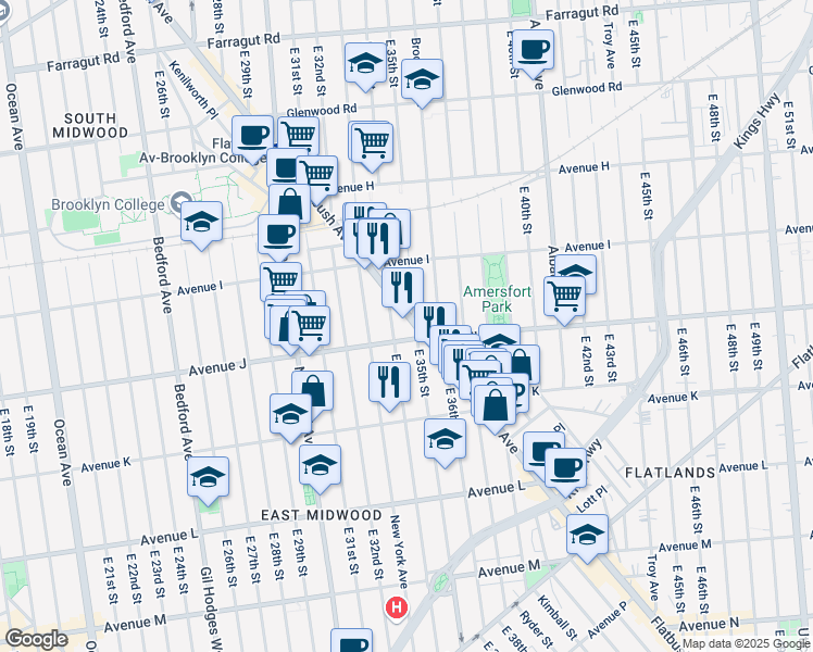 map of restaurants, bars, coffee shops, grocery stores, and more near 1750 Flatbush Avenue in Brooklyn