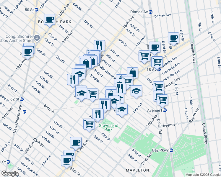 map of restaurants, bars, coffee shops, grocery stores, and more near 1714 52nd Street in Brooklyn