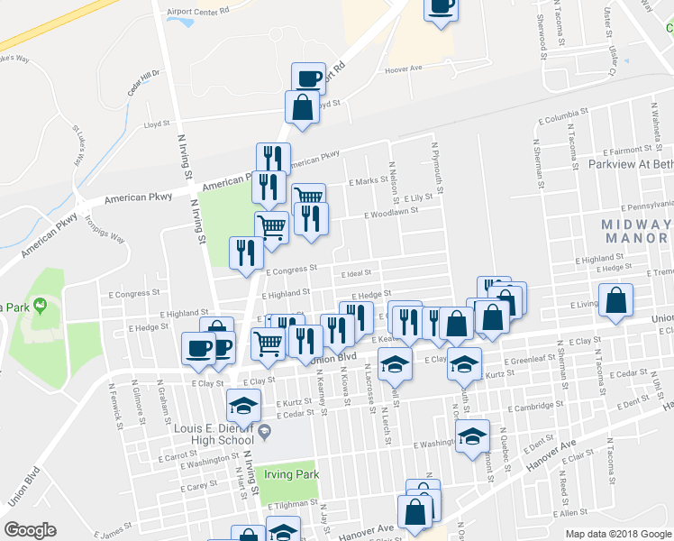 map of restaurants, bars, coffee shops, grocery stores, and more near 1132 East Congress Street in Allentown