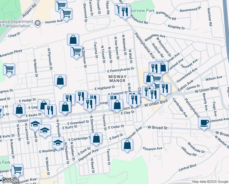 map of restaurants, bars, coffee shops, grocery stores, and more near 2114 East Tremont Street in Allentown