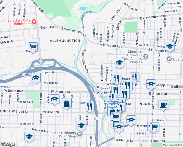 map of restaurants, bars, coffee shops, grocery stores, and more near 273 West Fairview Street in Bethlehem