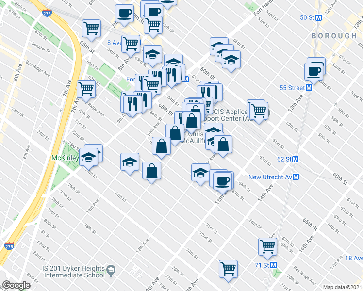 map of restaurants, bars, coffee shops, grocery stores, and more near 6617 11th Avenue in Brooklyn