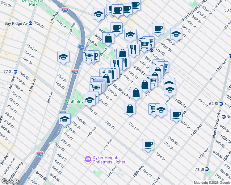 map of restaurants, bars, coffee shops, grocery stores, and more near 969 70th Street in Brooklyn