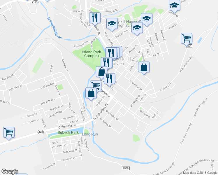 map of restaurants, bars, coffee shops, grocery stores, and more near 17 West Union Street in Schuylkill Haven
