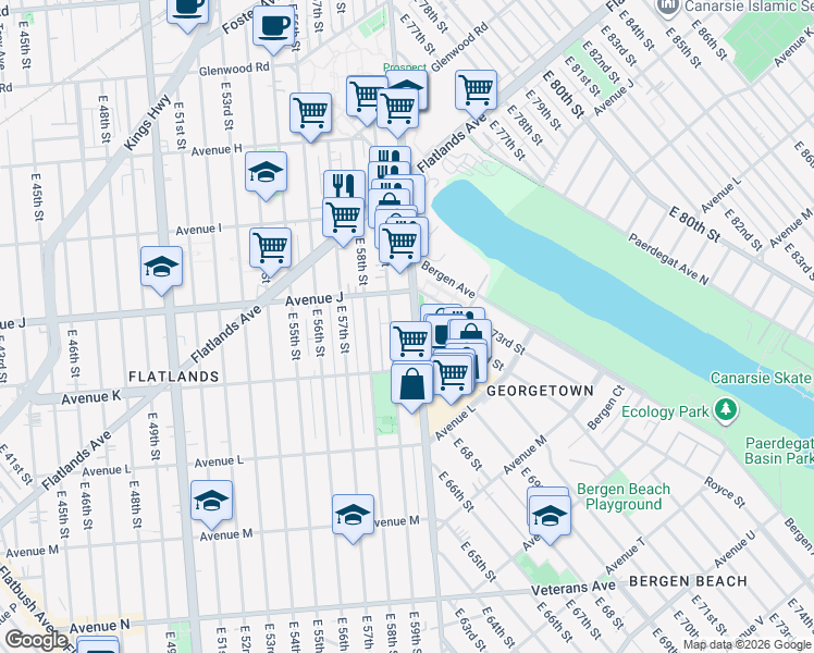 map of restaurants, bars, coffee shops, grocery stores, and more near 2042 Ralph Avenue in Brooklyn