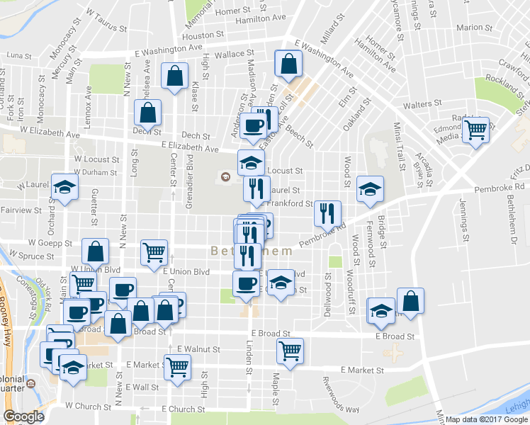 map of restaurants, bars, coffee shops, grocery stores, and more near 317 East Fairview Street in Bethlehem