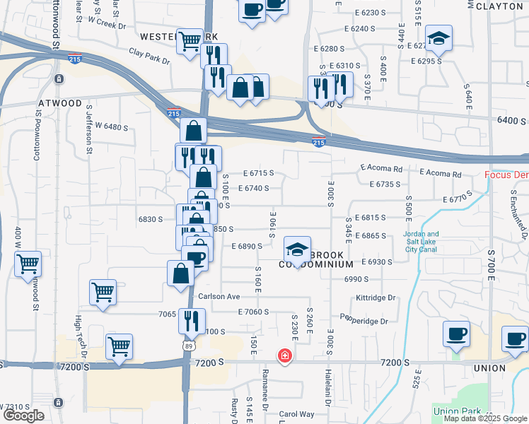 map of restaurants, bars, coffee shops, grocery stores, and more near 182 6790 South in Midvale