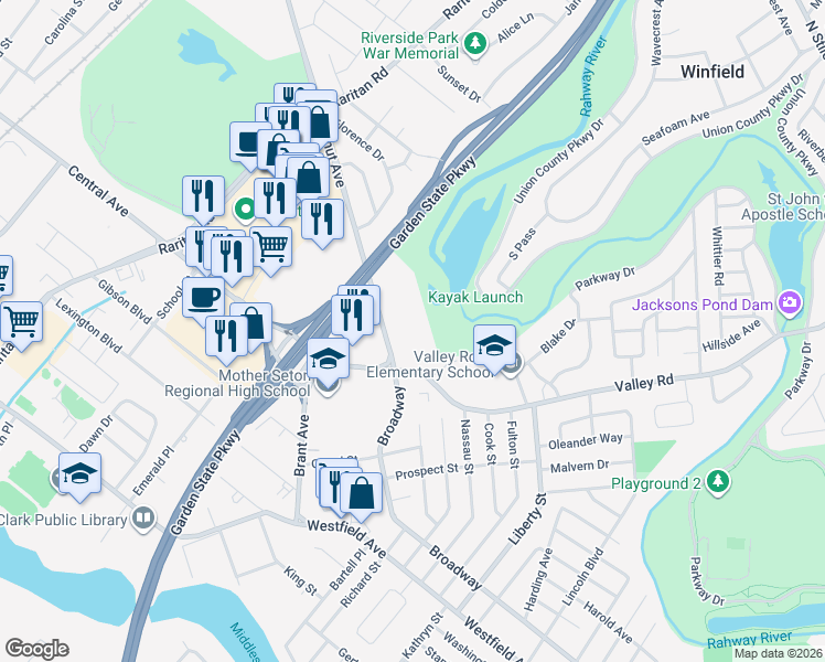 map of restaurants, bars, coffee shops, grocery stores, and more near 35 Walnut Avenue in Clark