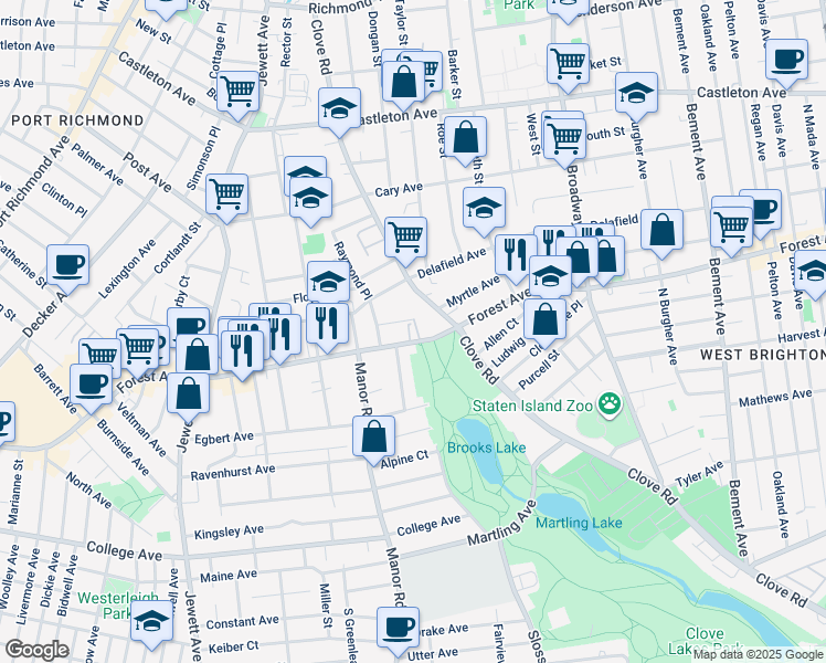 map of restaurants, bars, coffee shops, grocery stores, and more near 999 Forest Avenue in Staten Island