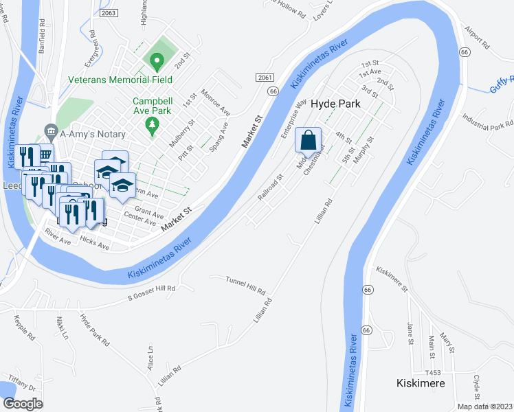 map of restaurants, bars, coffee shops, grocery stores, and more near 219 Railroad Street in Hyde Park
