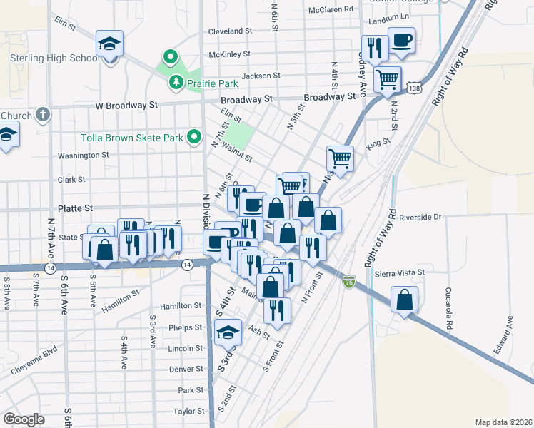 map of restaurants, bars, coffee shops, grocery stores, and more near 324 North 4th Street in Sterling