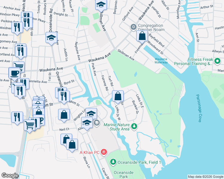 map of restaurants, bars, coffee shops, grocery stores, and more near 3464 Turf Road in Oceanside