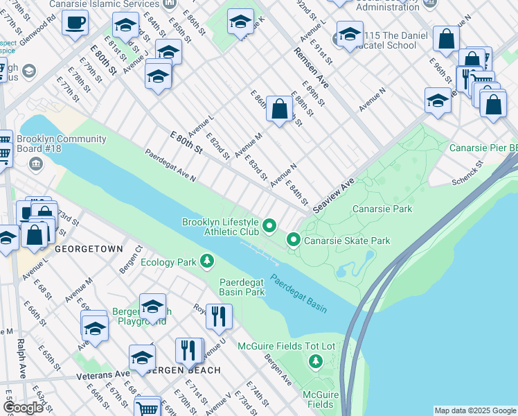 map of restaurants, bars, coffee shops, grocery stores, and more near 18 Paerdegat 14th Street in Brooklyn
