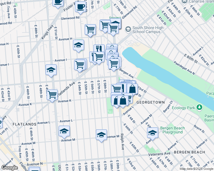 map of restaurants, bars, coffee shops, grocery stores, and more near 1109 East 58th Street in Brooklyn