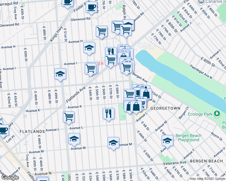 map of restaurants, bars, coffee shops, grocery stores, and more near 1109 East 58th Street in Brooklyn