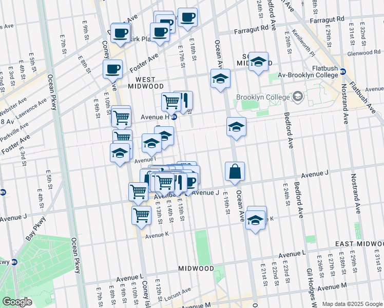 map of restaurants, bars, coffee shops, grocery stores, and more near 1620 Avenue I in Brooklyn