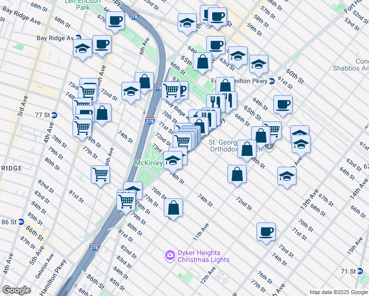 map of restaurants, bars, coffee shops, grocery stores, and more near 7122 Fort Hamilton Parkway in Brooklyn