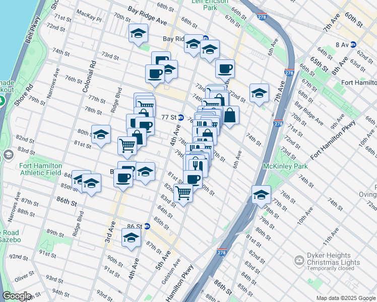 map of restaurants, bars, coffee shops, grocery stores, and more near 441 79th Street in Brooklyn