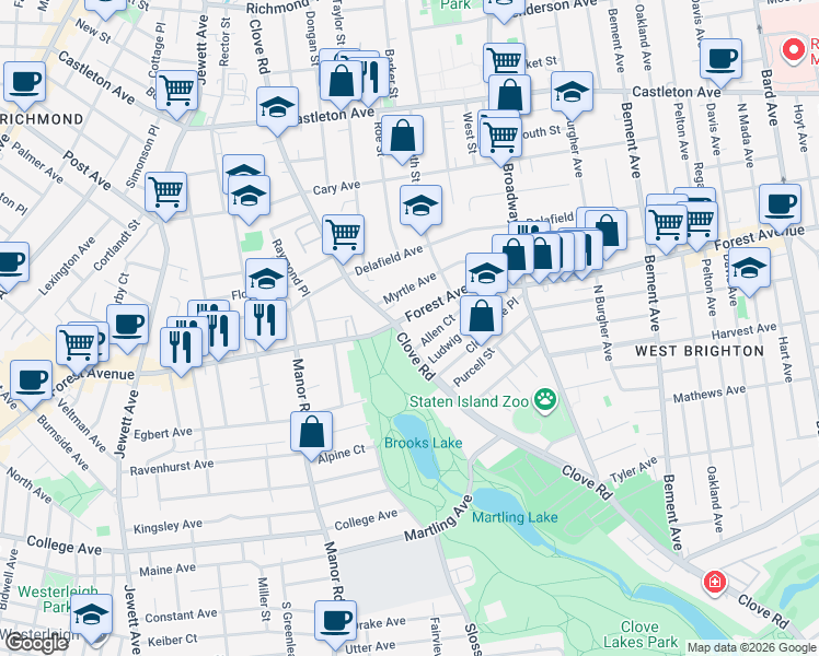 map of restaurants, bars, coffee shops, grocery stores, and more near in Staten Island