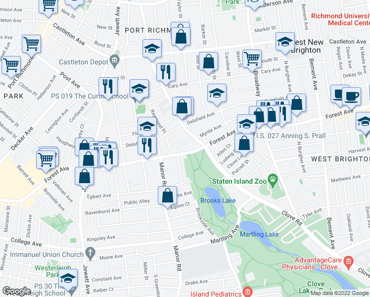 map of restaurants, bars, coffee shops, grocery stores, and more near 993 Forest Avenue in Staten Island