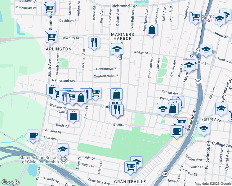 map of restaurants, bars, coffee shops, grocery stores, and more near 242 Maple Parkway in Staten Island