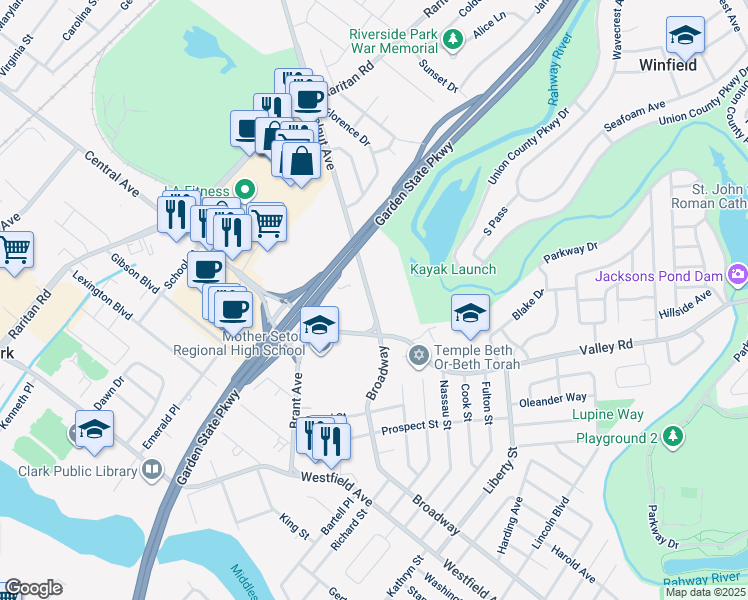 map of restaurants, bars, coffee shops, grocery stores, and more near 35 Walnut Avenue in Clark