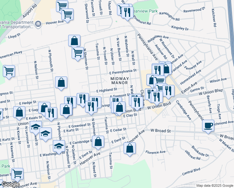map of restaurants, bars, coffee shops, grocery stores, and more near 2114 East Tremont Street in Allentown