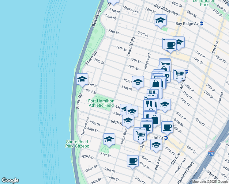 map of restaurants, bars, coffee shops, grocery stores, and more near 113 82nd Street in Brooklyn