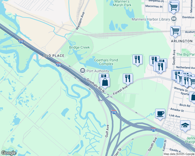 map of restaurants, bars, coffee shops, grocery stores, and more near 2701 Goethals Road North in Staten Island