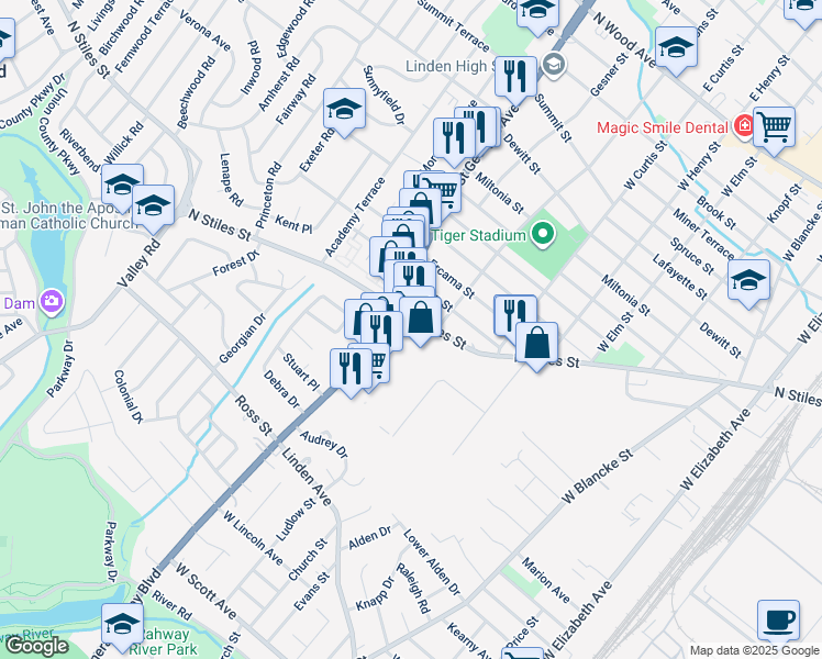map of restaurants, bars, coffee shops, grocery stores, and more near 857 North Stiles Street in Linden