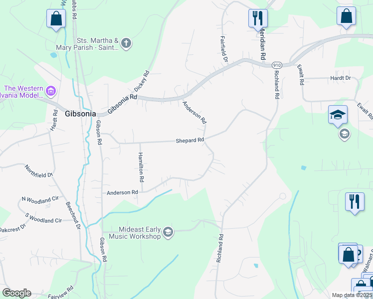 map of restaurants, bars, coffee shops, grocery stores, and more near 3897 Anderson Road in Gibsonia