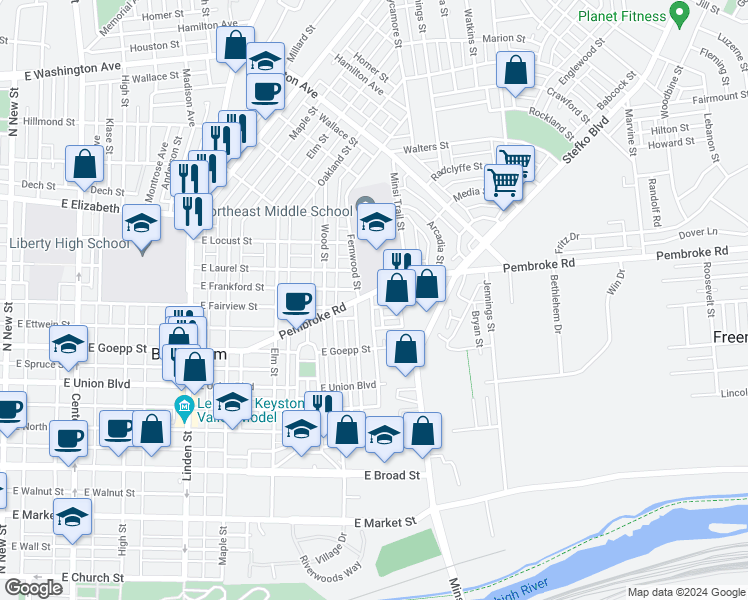 map of restaurants, bars, coffee shops, grocery stores, and more near 724 Pembroke Road in Bethlehem