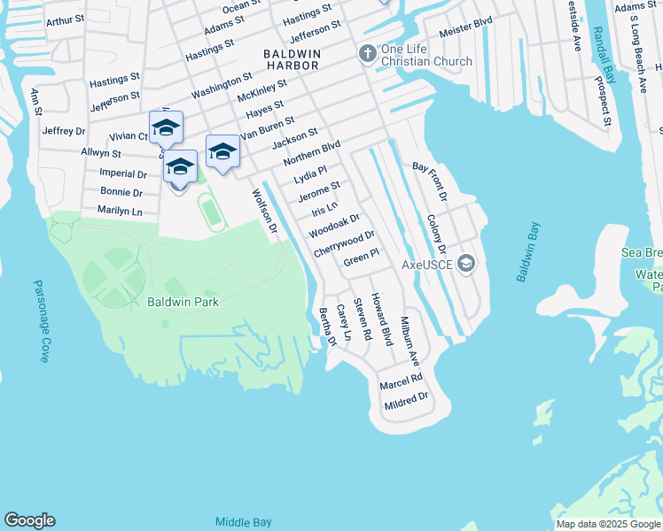 map of restaurants, bars, coffee shops, grocery stores, and more near 3387 Courtney Place in Baldwin