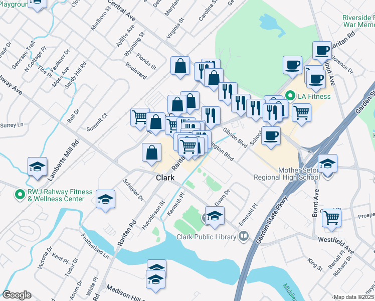map of restaurants, bars, coffee shops, grocery stores, and more near Raritan Rd in Clark