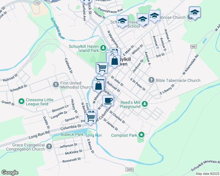map of restaurants, bars, coffee shops, grocery stores, and more near 27 Parkway in Schuylkill Haven