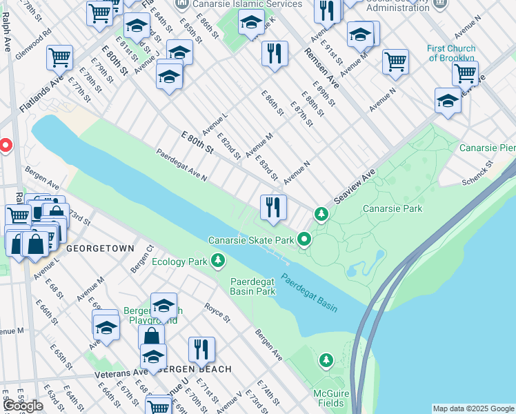 map of restaurants, bars, coffee shops, grocery stores, and more near 3 Paerdegat 13th Street in Brooklyn