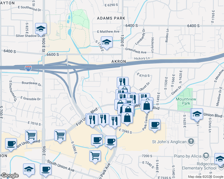 map of restaurants, bars, coffee shops, grocery stores, and more near 6816 South 1300 East in Cottonwood Heights