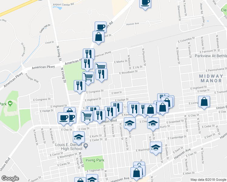 map of restaurants, bars, coffee shops, grocery stores, and more near 1146 East Congress Street in Allentown
