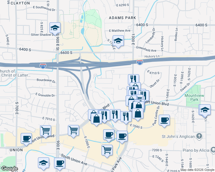 map of restaurants, bars, coffee shops, grocery stores, and more near 1093 Birchbrook Circle in Midvale