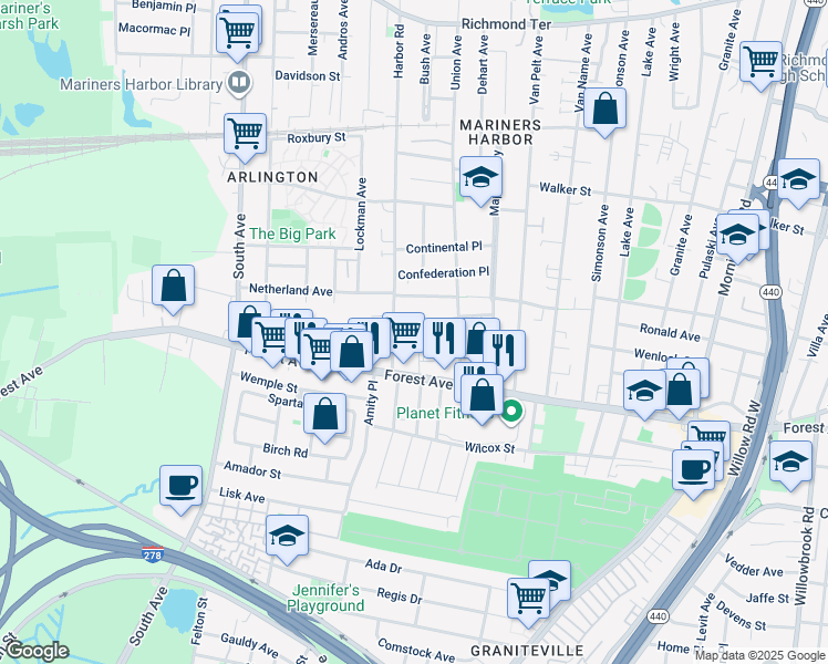 map of restaurants, bars, coffee shops, grocery stores, and more near 349 Harbor Road in Staten Island