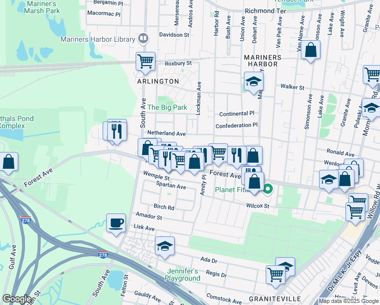map of restaurants, bars, coffee shops, grocery stores, and more near 2239 Forest Avenue in Staten Island