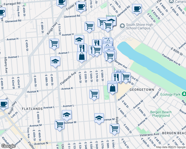 map of restaurants, bars, coffee shops, grocery stores, and more near 1040 East 57th Street in Brooklyn