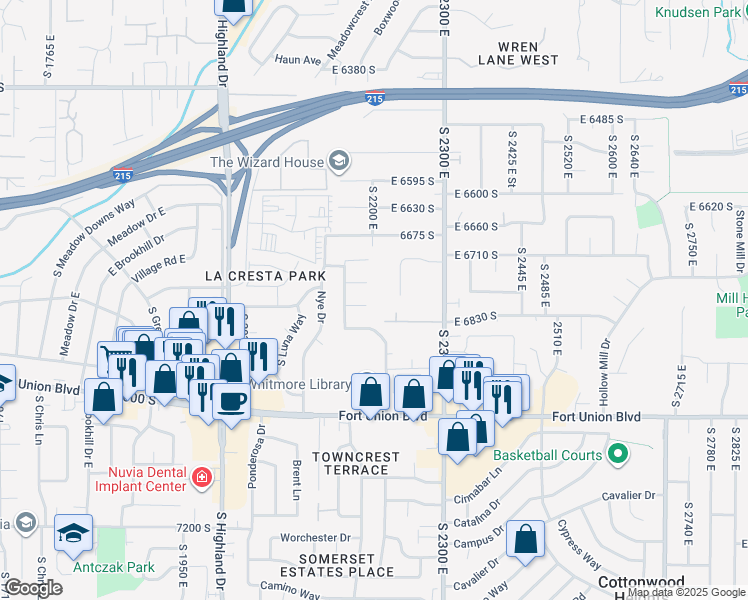 map of restaurants, bars, coffee shops, grocery stores, and more near 2201 Pink Coral Circle in Cottonwood Heights
