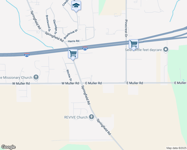 map of restaurants, bars, coffee shops, grocery stores, and more near 135 East Muller Road in East Peoria