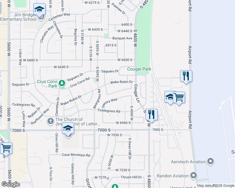 map of restaurants, bars, coffee shops, grocery stores, and more near 4956 Decora Way in West Jordan