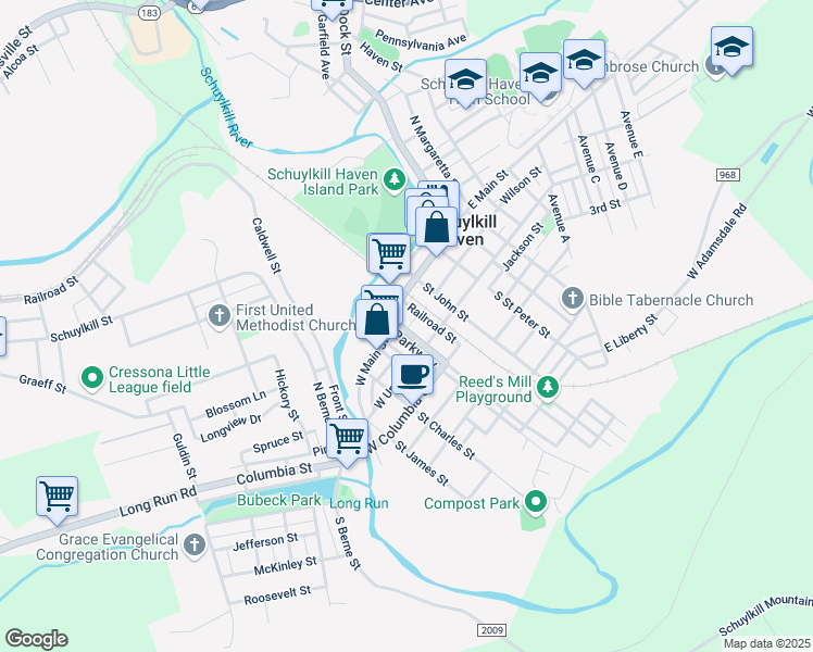 map of restaurants, bars, coffee shops, grocery stores, and more near 27 Parkway in Schuylkill Haven