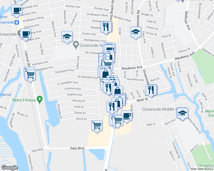 map of restaurants, bars, coffee shops, grocery stores, and more near 88 Alhambra Drive in Oceanside