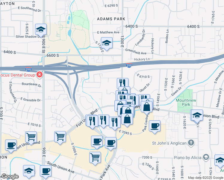 map of restaurants, bars, coffee shops, grocery stores, and more near 6816 South 1300 East in Cottonwood Heights