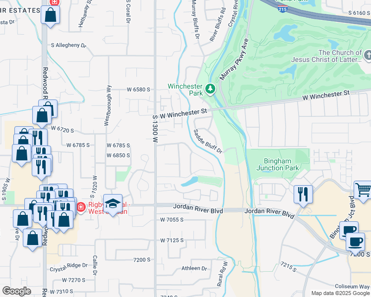 map of restaurants, bars, coffee shops, grocery stores, and more near 6849 Bateman Field Drive in West Jordan