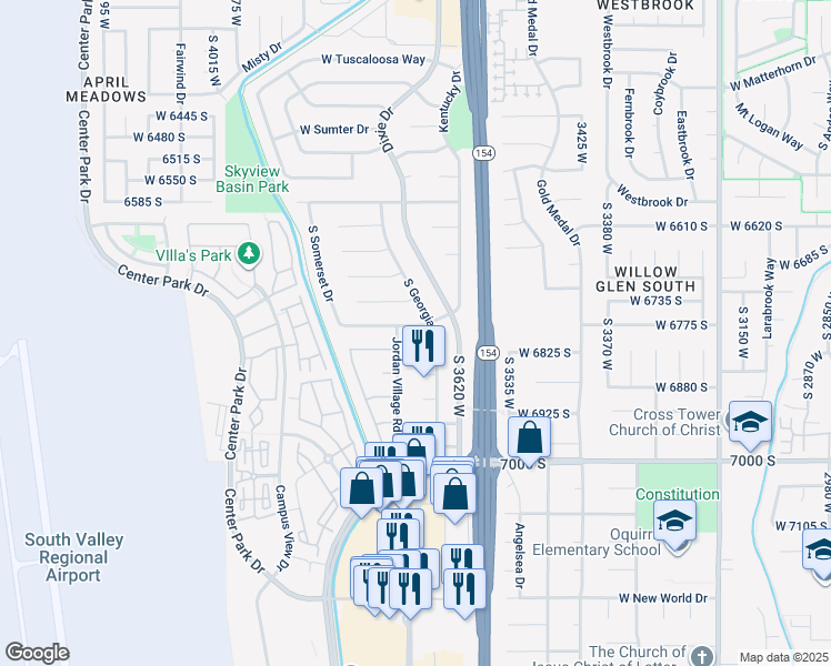 map of restaurants, bars, coffee shops, grocery stores, and more near 6801 Jordan Village Road in West Jordan